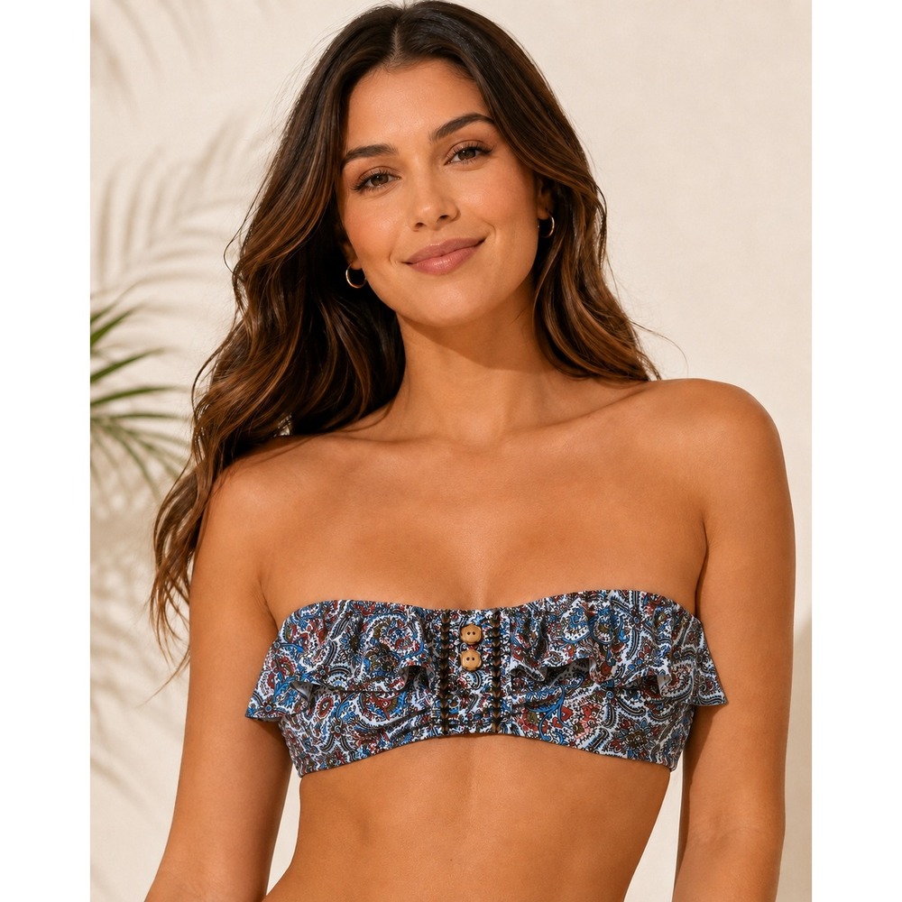 Lucky Brand Ruffle Bikini Top Women Medium Blue Paisley Boho Button Swimwear